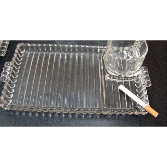 Hazel Atlas Ball & Rib Glass Sip N Smoke Snack Luncheon‎ Tray & Cup Set Of 4